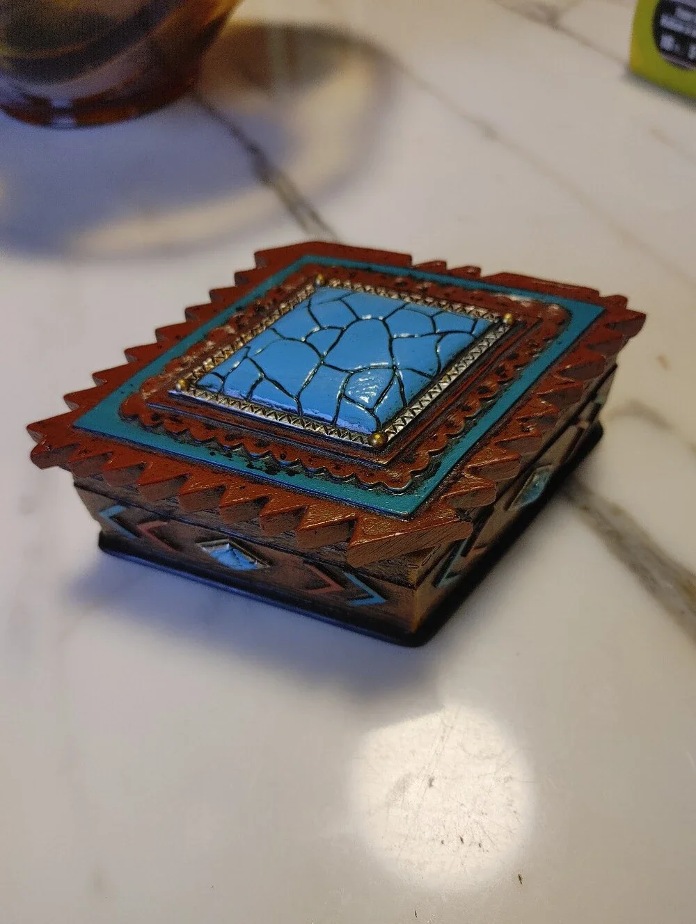 Handcrafted Turquoise and Brown Native American Decorative Trinket Box